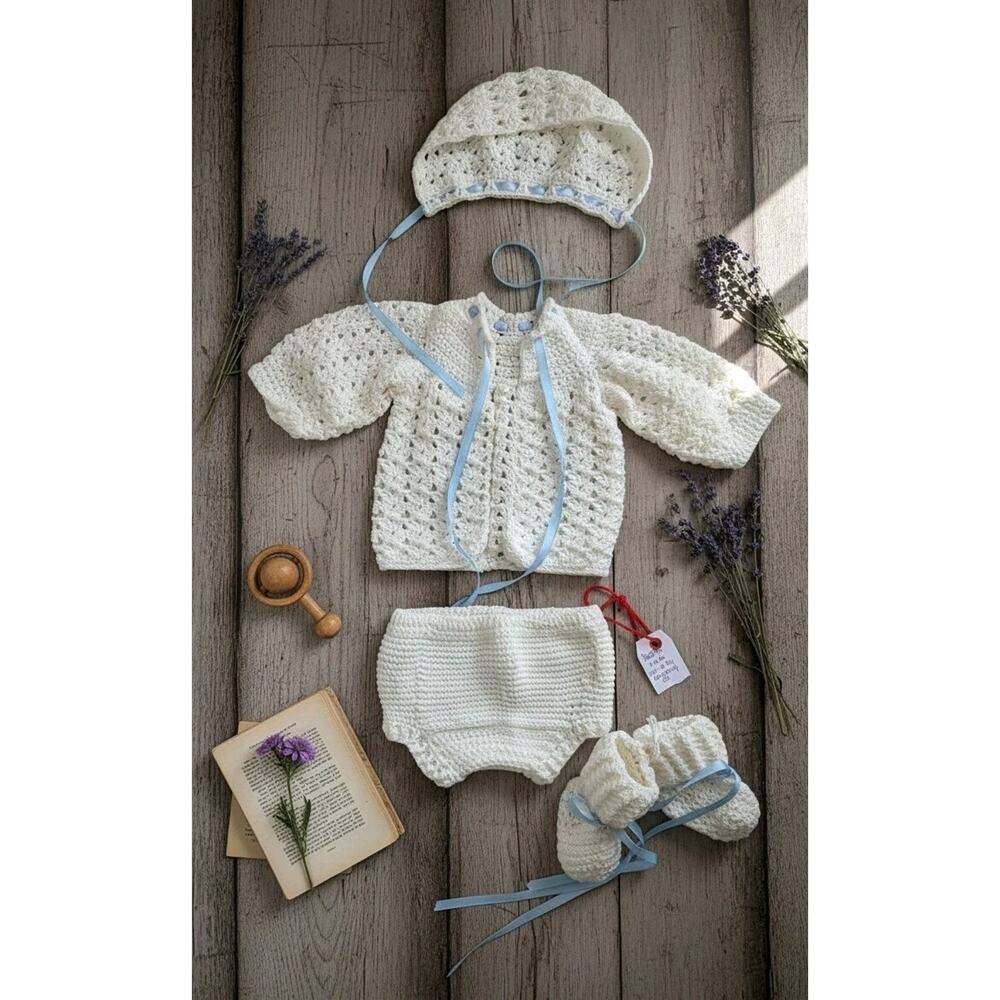 Spring Baby Boy Handmade Crochet‎ Baptism Christening Baby Outfit Set 3-6 Months